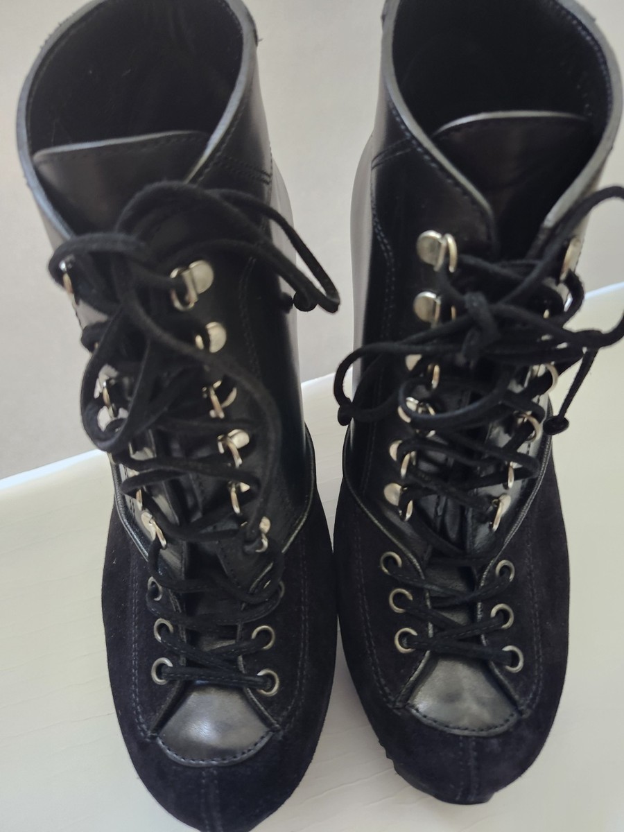 Yves Saint Laurent Ariane 90 Leather Lace Up Wedge Platform Ankle
