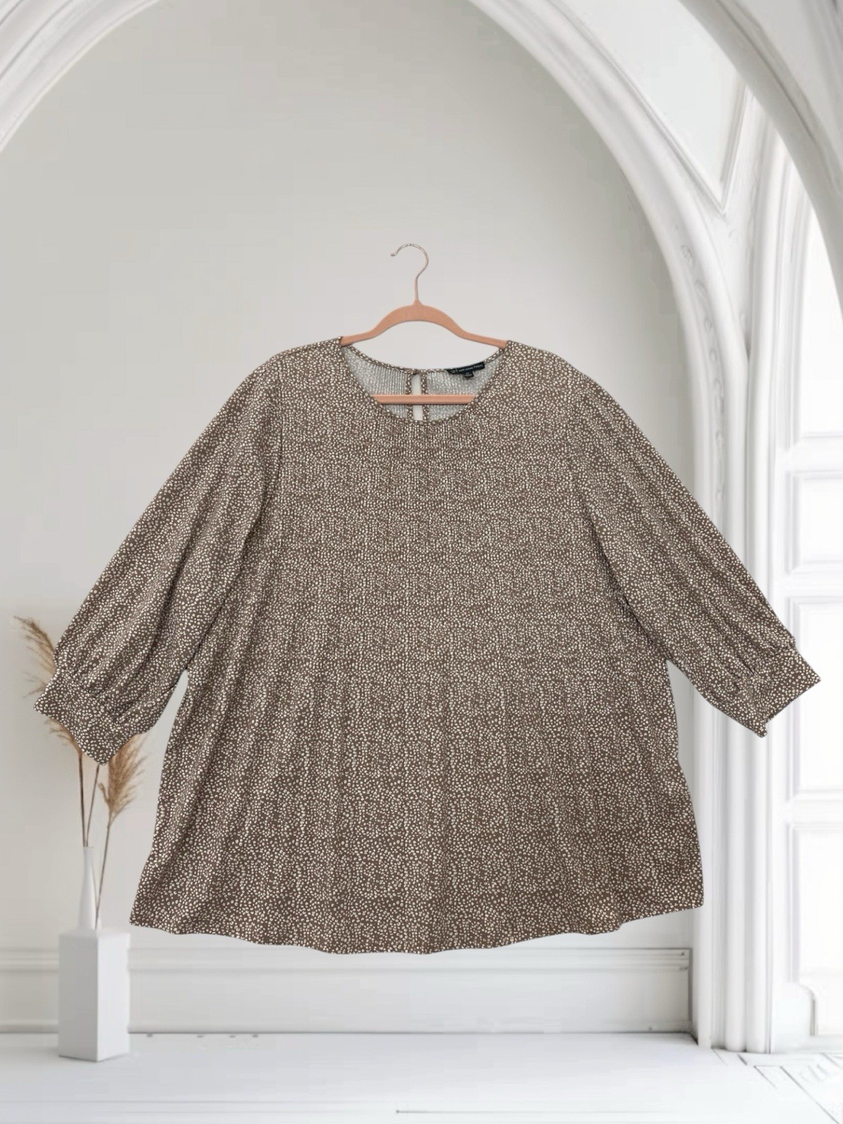 Adrianna Papell Pleated Trapeze Top Size 2X Beige Print Jersey Stretch $69