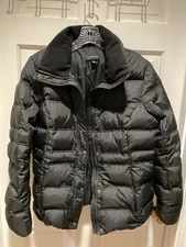 Lands End Womens Down Puffer Jacket Sz M 10-12 Black Nylon Quilted Zip Snap READ