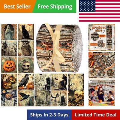 40 Pcs Vintage Halloween Fabric Gothic Fabric Skull Pumpkin Ghost Crow Cat Ow...