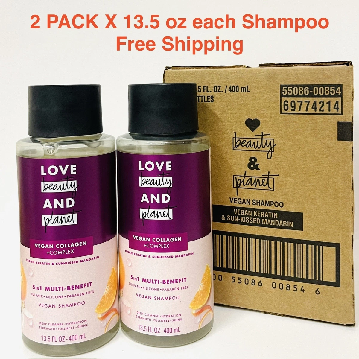 Love Beauty & Planet Shampoo Vegan 5 In 1 Keratin & Sun-kissed Mandarin 13.5ozX2