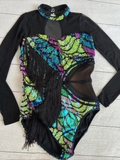10th House dance costume L Black With Vibrant Multicolor Sequins Fringe EUC