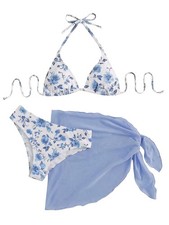 Women's 3 Piece Polka Dots Floral Bikini Set with Wrap Coverup Halter Triangl...