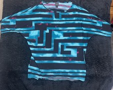 Clara Sun Woo Top S USA Made Blue Black Geometric Print Peekaboo Back Loose Fit