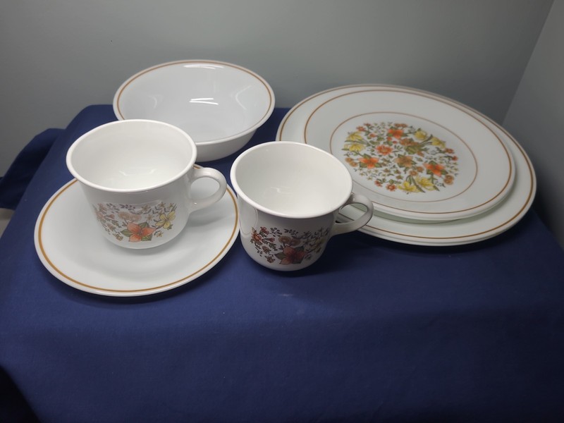 8 Pieces Vtg 70's Corelle Corning Indian Summer Plates Bowl Cups Saucer Flowers