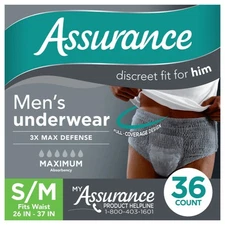 Assurance Men's Incontinence Underwear, S/M , Maximum Absorbency (36 Count)