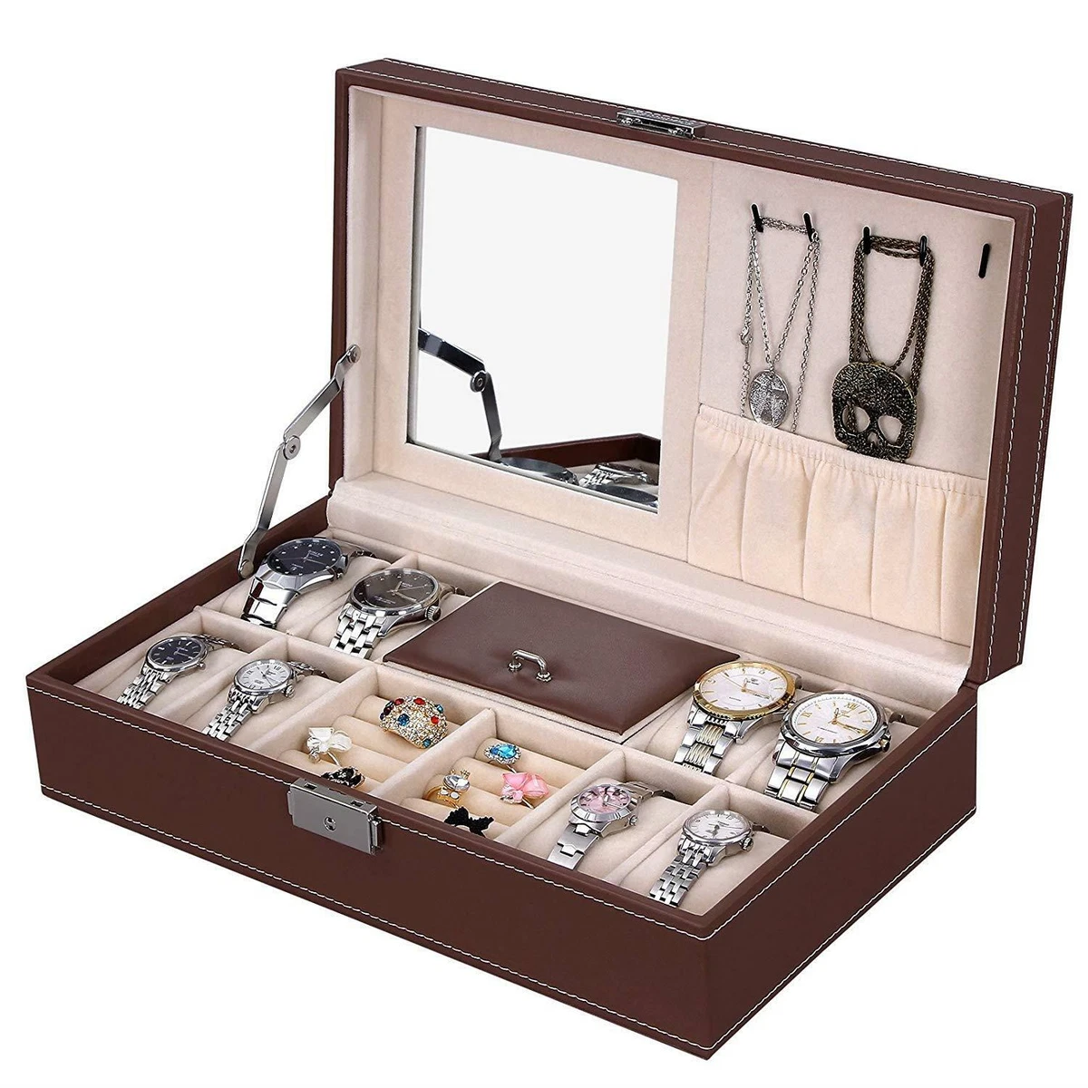 Leather Jewelry Box w/ Lock Men Women Mirror Watch Rings Holder