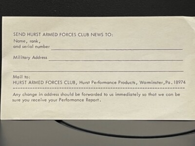NHRA VRHTF NHRA COOL ORDER FORM FOR 60'S HURST ARMED FORCES CLUB NEWS 6'' X 3''
