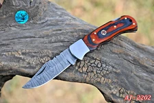 CUSTOM HAND MADE DAMASCUS STEEL FOLDING BLADE POCKET CAMPING KNIFE+SHEATH- 2202