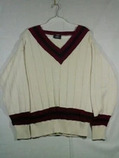  Aspetuck Trading Co Men's Cream Red Size M V-Neck Sweater 100% Cotton