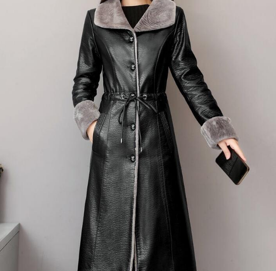 Womens Leather Coats Mid Length Jacket Velvet Casual Fur Button Lapel  Collar New