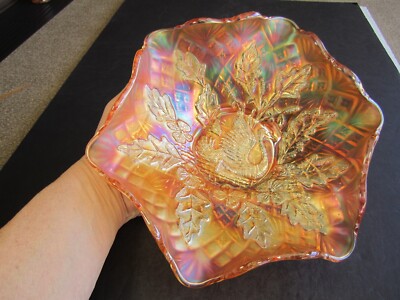 VTG Millersburg Marigold Carnival Glass Nesting Swan Ruffled Glass Bowl Stunning