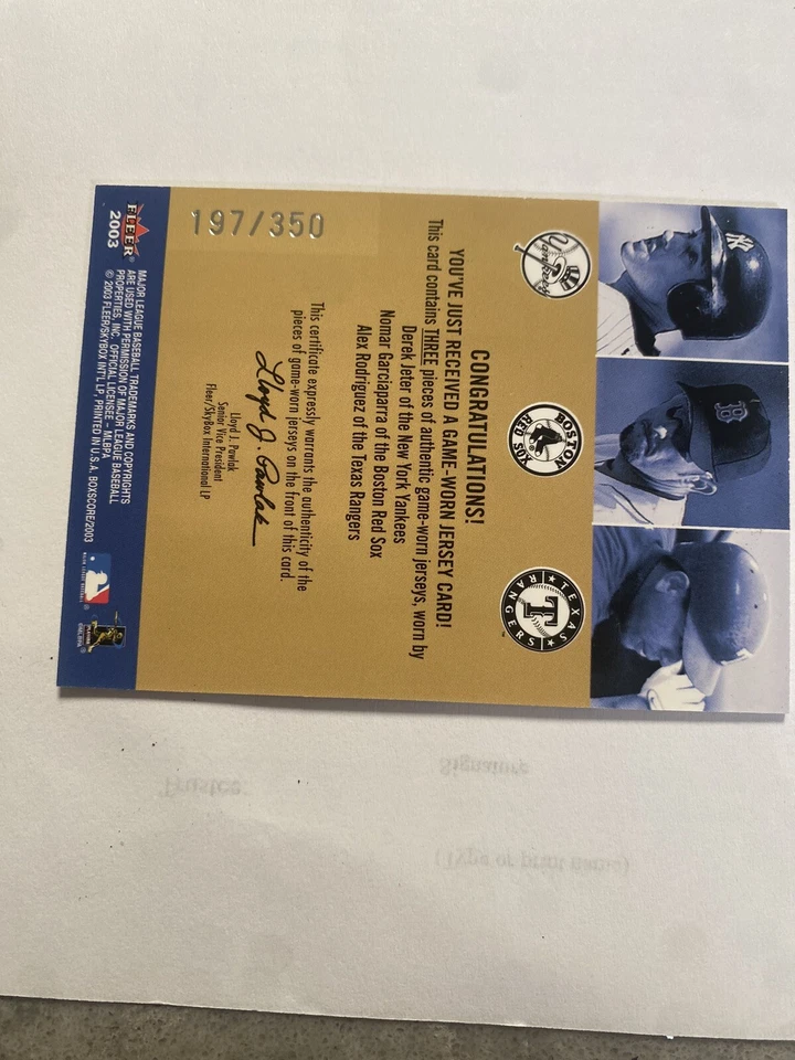 2003 Fleer Jeter / Garciaparra / Rodriguez Box Score Jersey Rack Relic SP #/197 - Image 3 of 3
