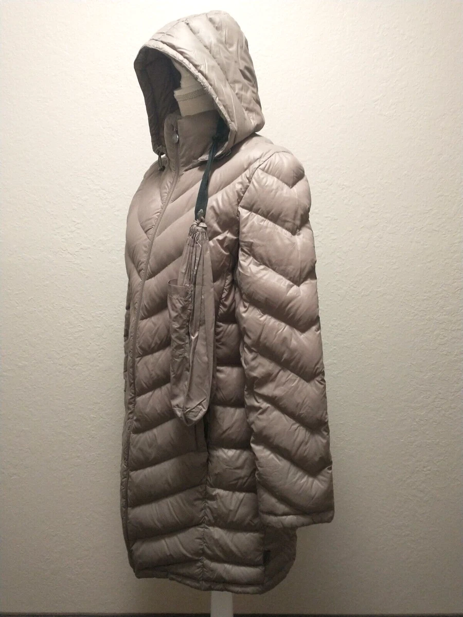 Calvin Klein Women s Beige Chevron Quilted Hooded Duck Down Puffer Jacket Bag M