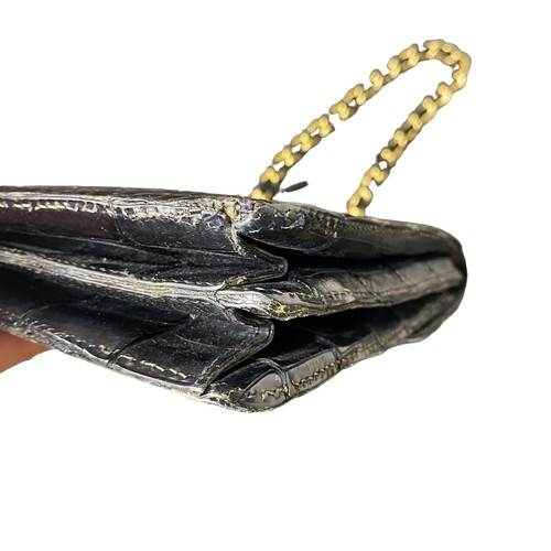 Vintage 50s 60s Black Crocodile Embossed Leather Chain Shoulder Bag - Picture 8 of 12