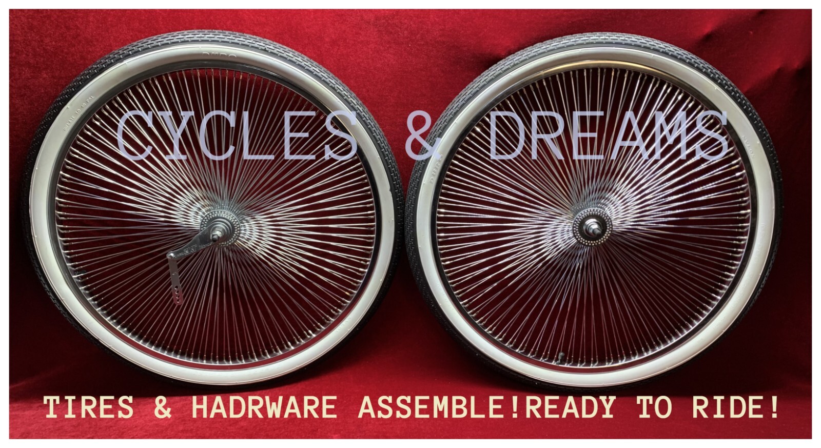 26" FRONT & COASTER DAYTON WHEELS 144 SPOKES , WHITE WALL BRICK TIRES