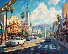 Los Angeles with Hollywood Walk of Fame oil painting 8x10 Print