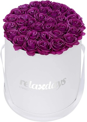 Relaxdays Rosenbox rund, 34 Rosen lila, Flowerbox weiß