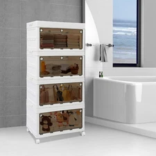 4-Tier Foldable Storage Organizer w/Wheels Stackable Clothes Cabinet Storage Box