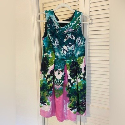 En Focus Studio Sleeveless Multicolor Abstract Pleated Midi Dress Size 10