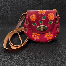 Vintage Hand Tooled Leather Mini Crossbody Bag Floral Magenta Boho Purse