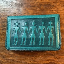 Oberon Design Vintage Leather Card Holder - Turquoise Southwest Dancing (?)
