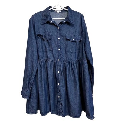 Denim Tunic Top 1X Blue Snap Front Babydoll Plus Size Shirt Dress Chic Soul
