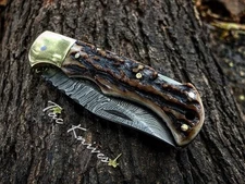 Damascus Steel Antler Handle Folding Knife