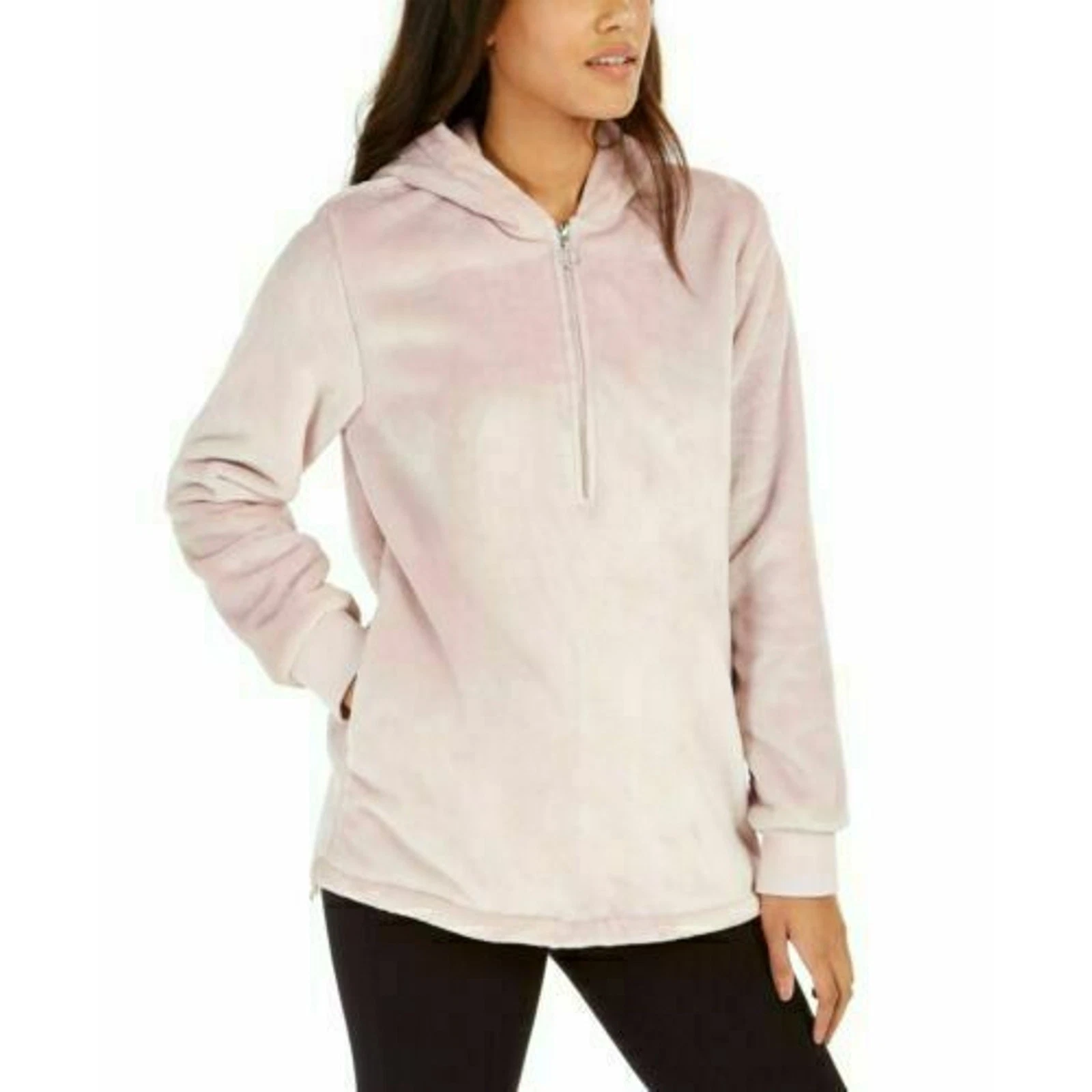 Ideology Womens Half Zip Hooded Pullover Sweater Faux-Fur Fleece Pink L $80 NWT