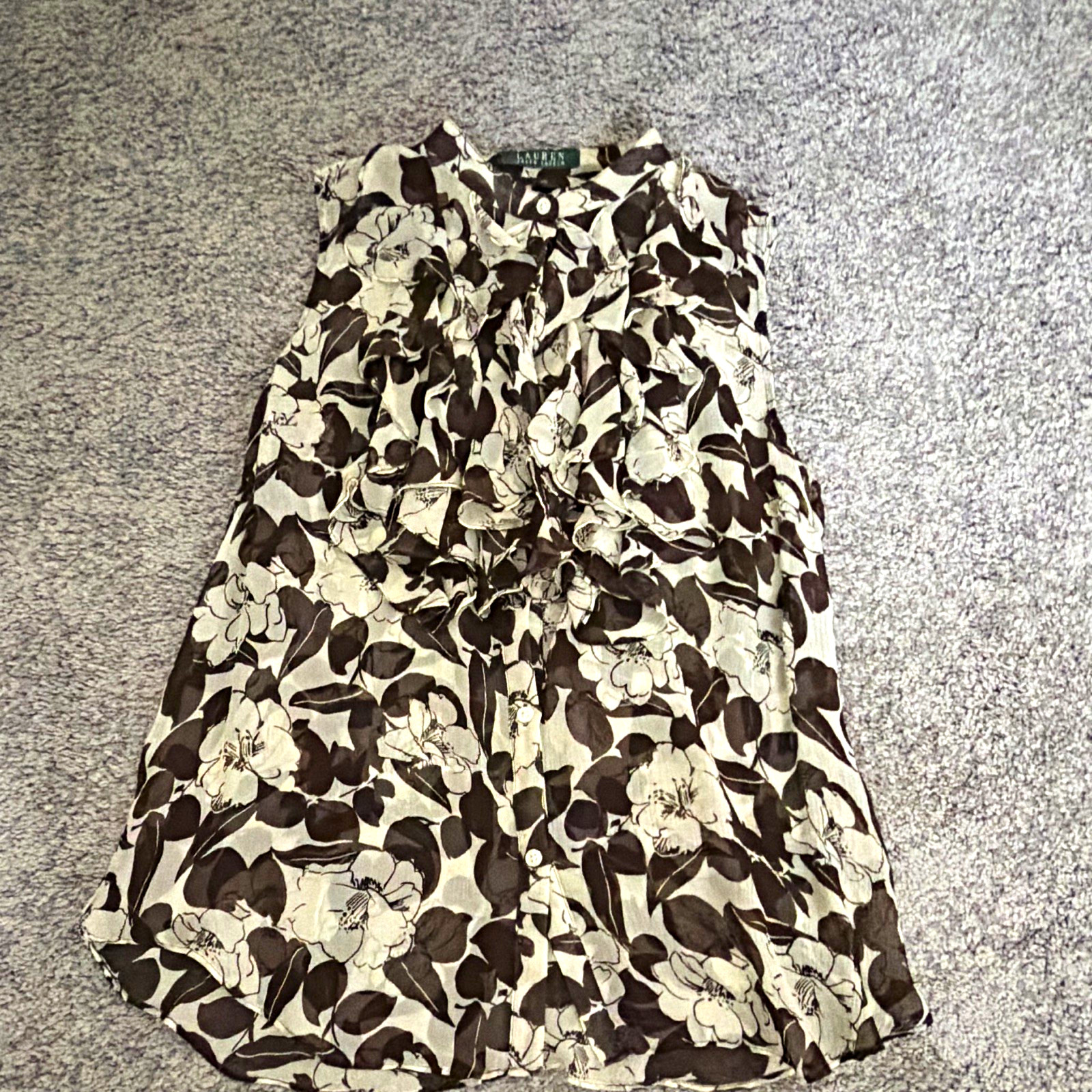 Brown and white floral print silk blouse.