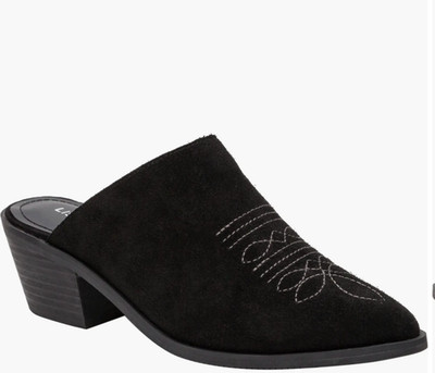 Lisa Vicky Skip-V Black Split Suede Mules Pointed Toe Block Heel Size 8.5