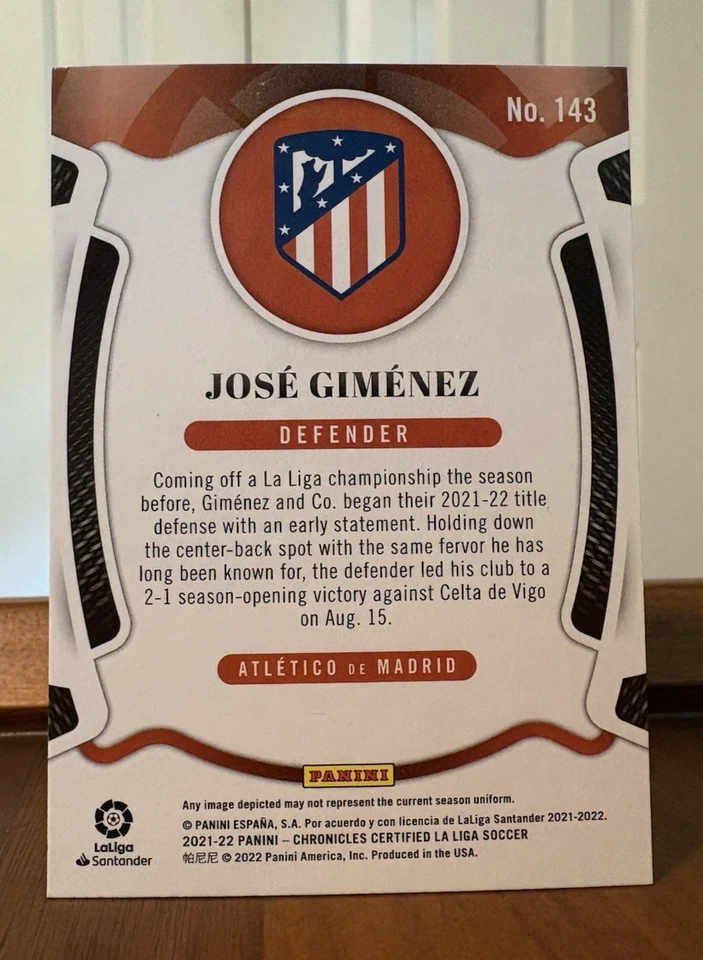 2021-22 Panini Chronicles Certified La Liga Jose Gimenez #143 Atletico Madrid - Image 2 of 2