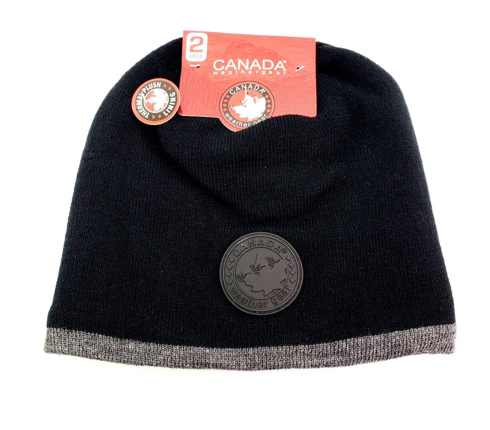 Canada Weather Gear Adult Black Gray Thermal Plush Lining Winter Beanies 2 Pack