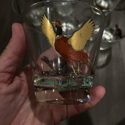 Hazel Atlas Vintage Pheasant Bar Glasses Gold Painted Set of 7 MCM Hunting 3” - Picture 9 of 24