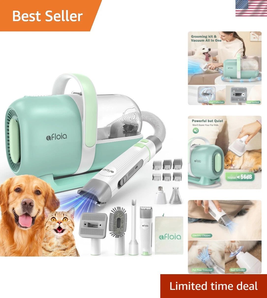 Afloia 6-in-1 Pet Grooming Kit: Vacuum, Nail Trimmer & Brush for Shedding