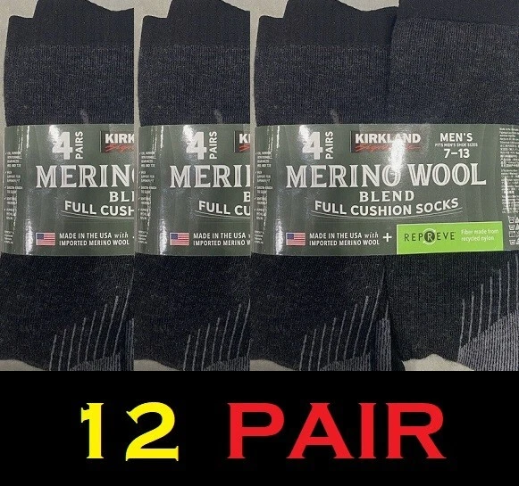 Kirkland Signature Men's Merino Wool Blend Socks 7-13 Shoe Size 12 PAIR