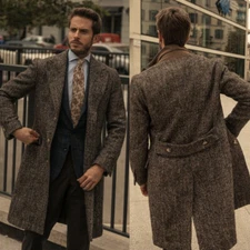 Brown Tweed Herringbone Men's Overcoat Party with Belt British Style Long Jacket