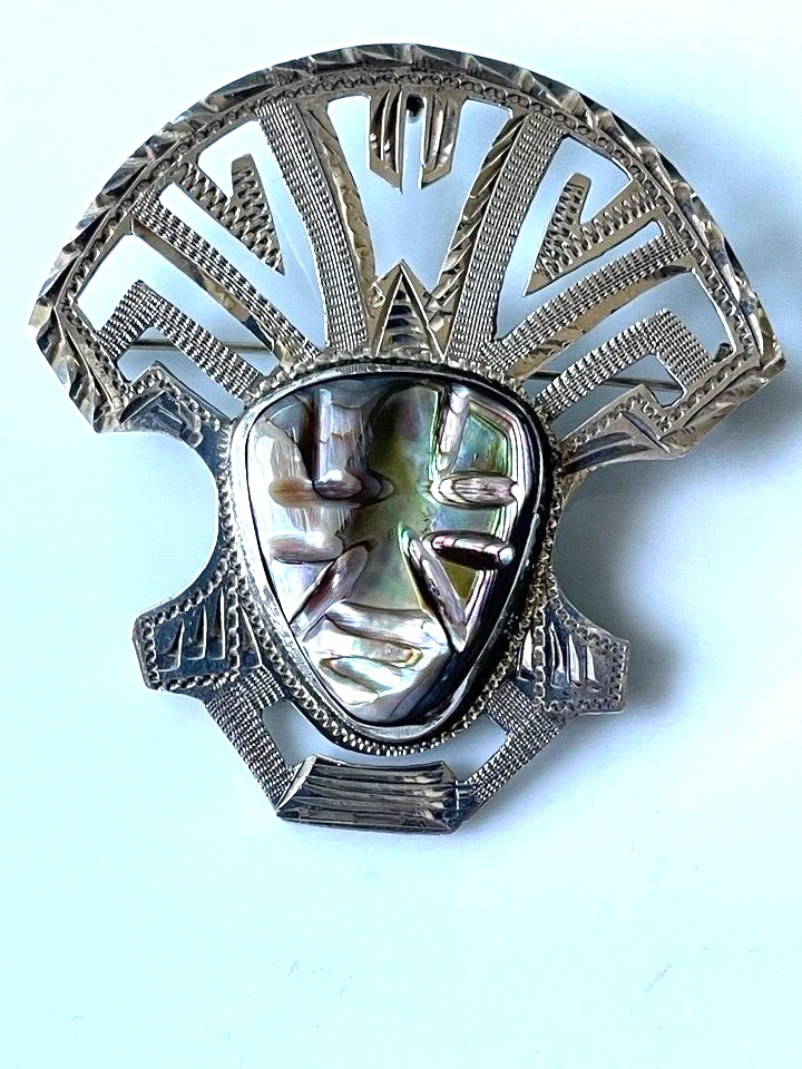 БОЛЬШАЯ БРОШЬ/КУЛОН МАСКА АЦТЕКОВ ИЗ СТЕРЛИНГОВОГО СЕРЕБРА 925 ПРОБЫ С РЕЗНЫМ АБАЛОНОМ TAXCO