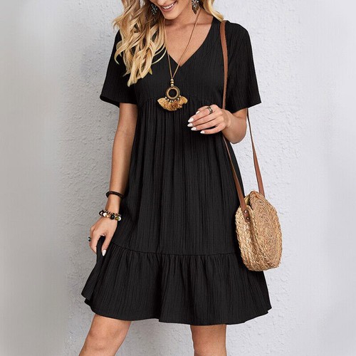 Womens Short Sleeve V Neck Mini Dress Ladies Pleated Ruffle Baggy Solid Dresses - Picture 7 of 17