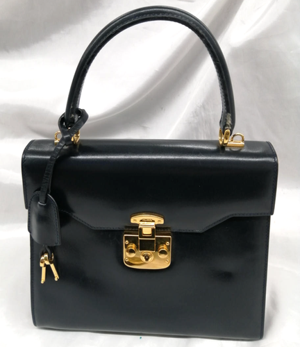 Gucci Lady Lock Top Handle Handbag Black Leather w/ Key & Mirror Used Authentic - Picture 2 of 24