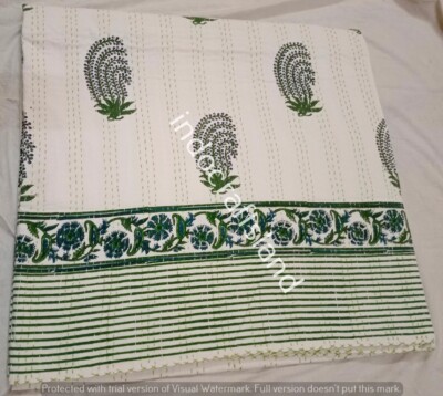 New Indian Cotton Hand Block Print Kantha Quilt Queen Bedding Bedspread Floral  