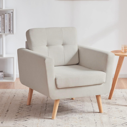 Linen Fabric Accent Chair, Mid Century Modern Armchair for Living Room, Bedroom