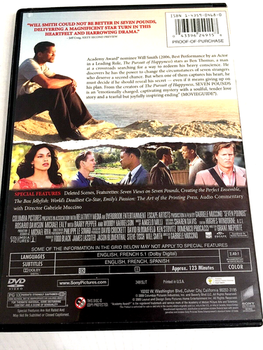 Seven Pounds Will Smith DVD Ships Same Free Day With Tracking - Imagen 2 de 2