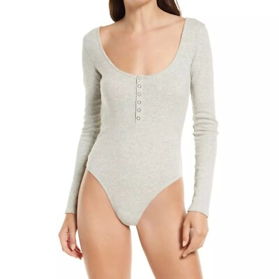 Open Edit Bodysuit Size M Henley Organic Cotton Blend Ribbed Scoop Neck Cream