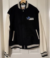 Jeff Hamilton Men’s Medium DETROIT LIONS WOOL & LEATHER FULL SNAP VARSITY JACKET