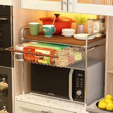 New Microwave Oven Rack with Pull Out Drawer, 2-Tier Microwave Stand Utensils