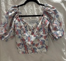 Abercrombie Fitch Cream Blue Pink Corset Sweetheart Puff Sleeve Top Size XS