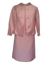 VTG 60s Women's 2 Pc Pink Wool & Silk Dress & Jacket Suit Set S Beaded La Vogue