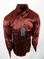Manzini Dress Shirt Burgundy Black Stripe Sheen Mens French Cuff Link Button Up