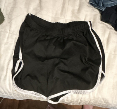 Women s Black/White Athletic Running Shorts, Elastic Waist, Knit Polyester